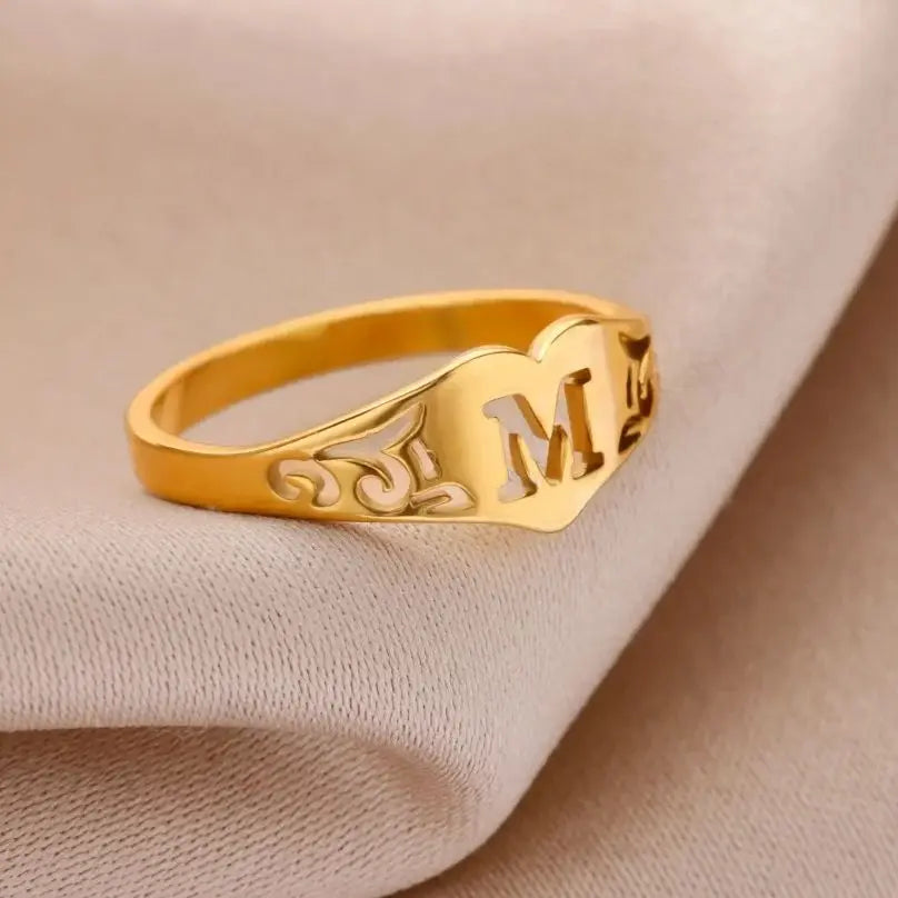 Anillos de corazón con letras iniciales huecas de moda para mujer, color dorado, acero inoxidable, anillo con letras de la A a la Z, regalo de joyería estética para boda