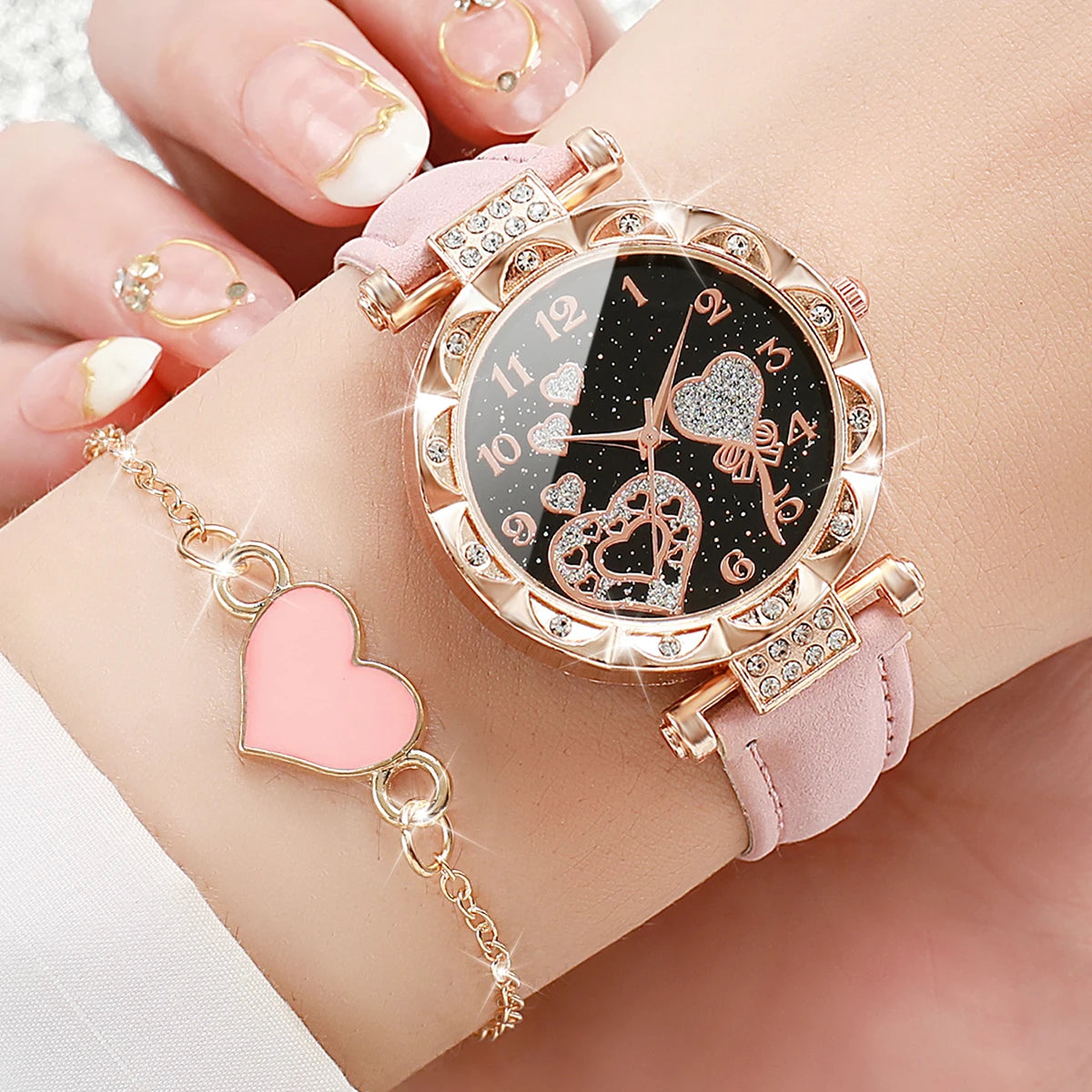 4 Stück/Set Damenuhren Modische Strass-Quarzuhr für Damen mit Lederarmband und Armreif-Set (ohne Box)
