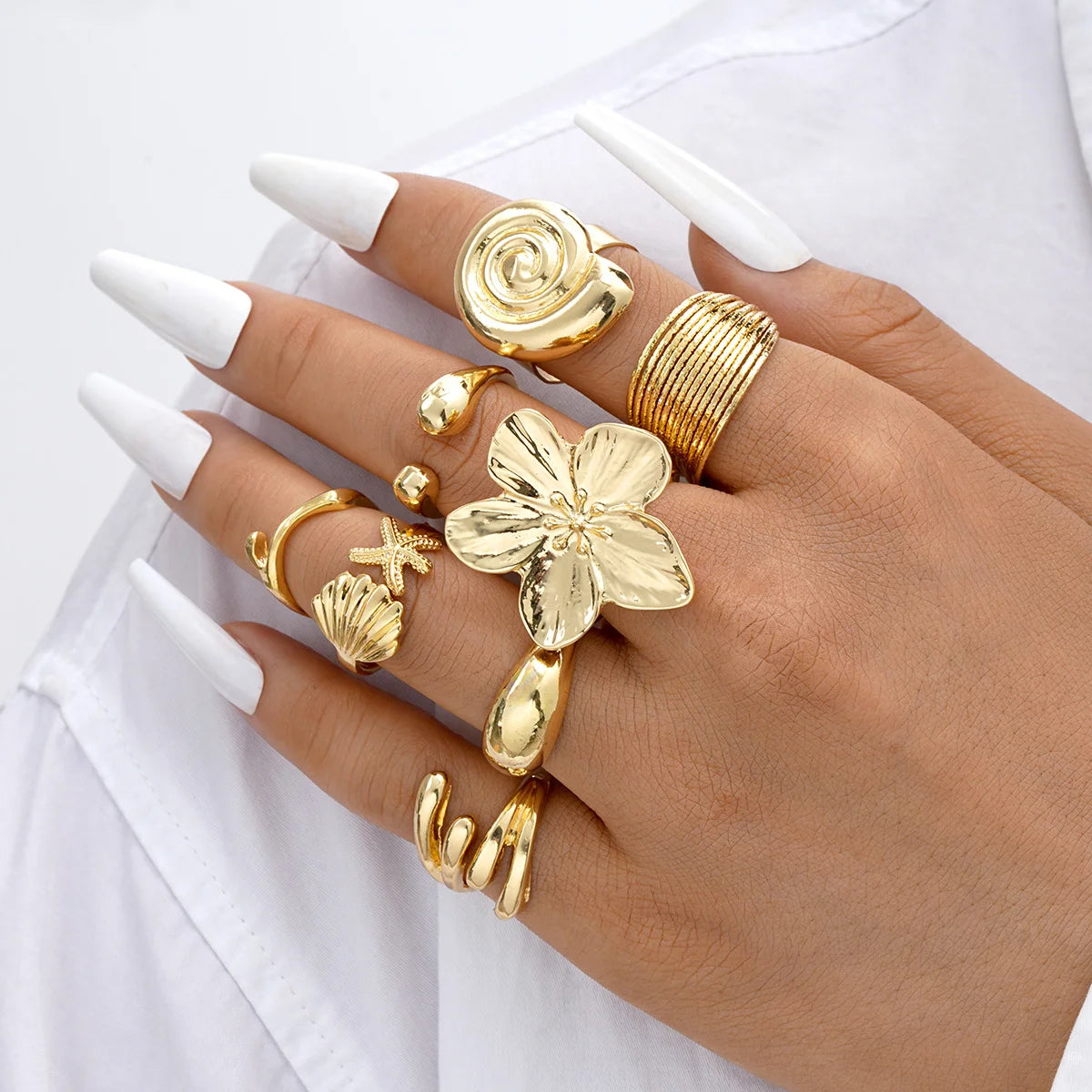 6tlg/Set Vintage Metall Blumen Ring Set für Damen Punk Elegant Barock Imitationsperlen Knöchelringe Alltag Party Urlaubsgeschenke