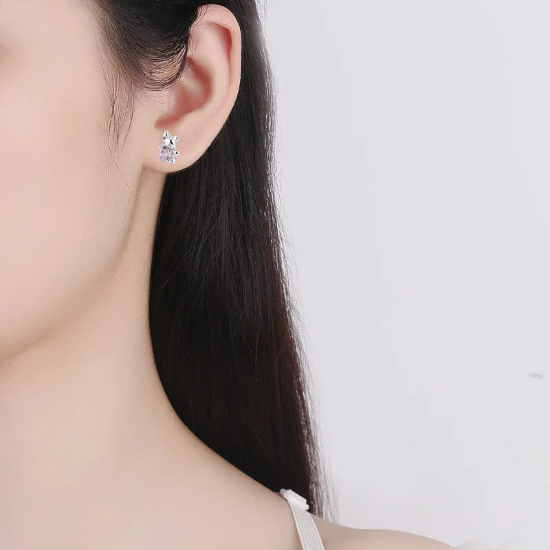Pendientes de tuerca de plata de ley 925 con adorable oso, tapones de rosca para oreja, elegantes joyas para la oreja, regalo exquisito
