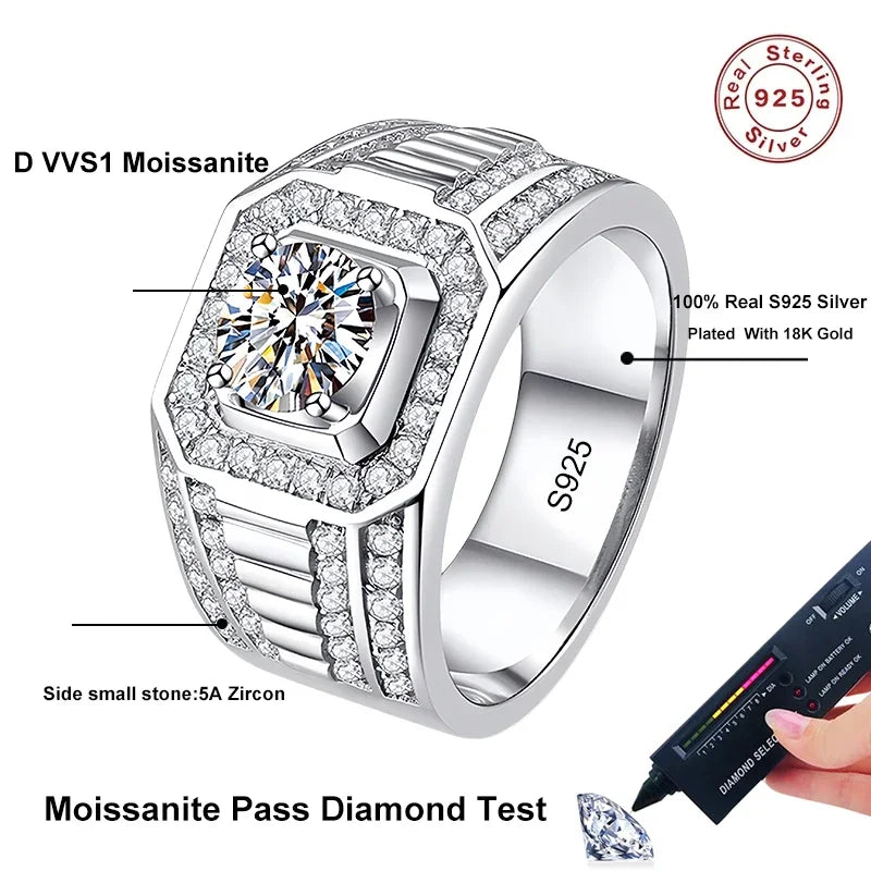 Anillo de moissanita NeeTim para hombre, de plata de ley chapada en platino, anillo de diamantes de laboratorio para hombre, anillos de boda para hombre, joyería fina