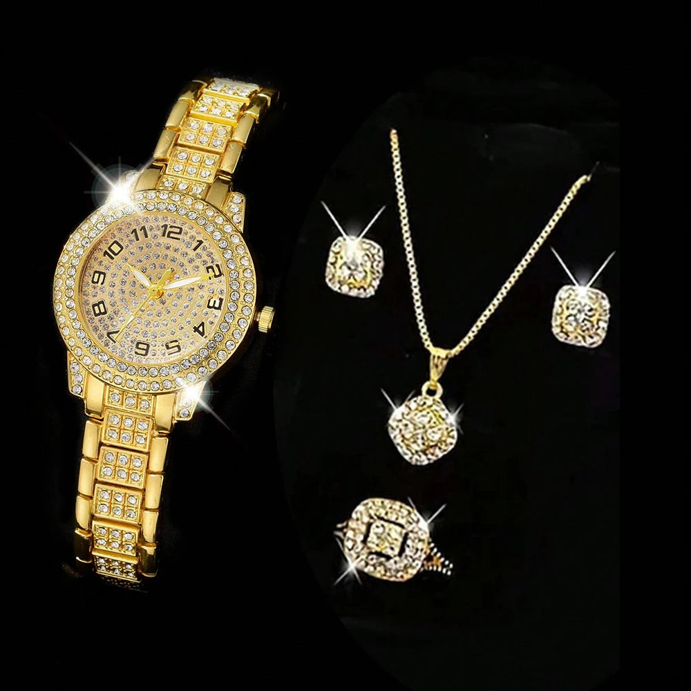 Luxus Damen Gold Uhr Mode Damen Quarz Diamant Armbanduhr Elegante weibliche Armbanduhr Set Reloj Mujer