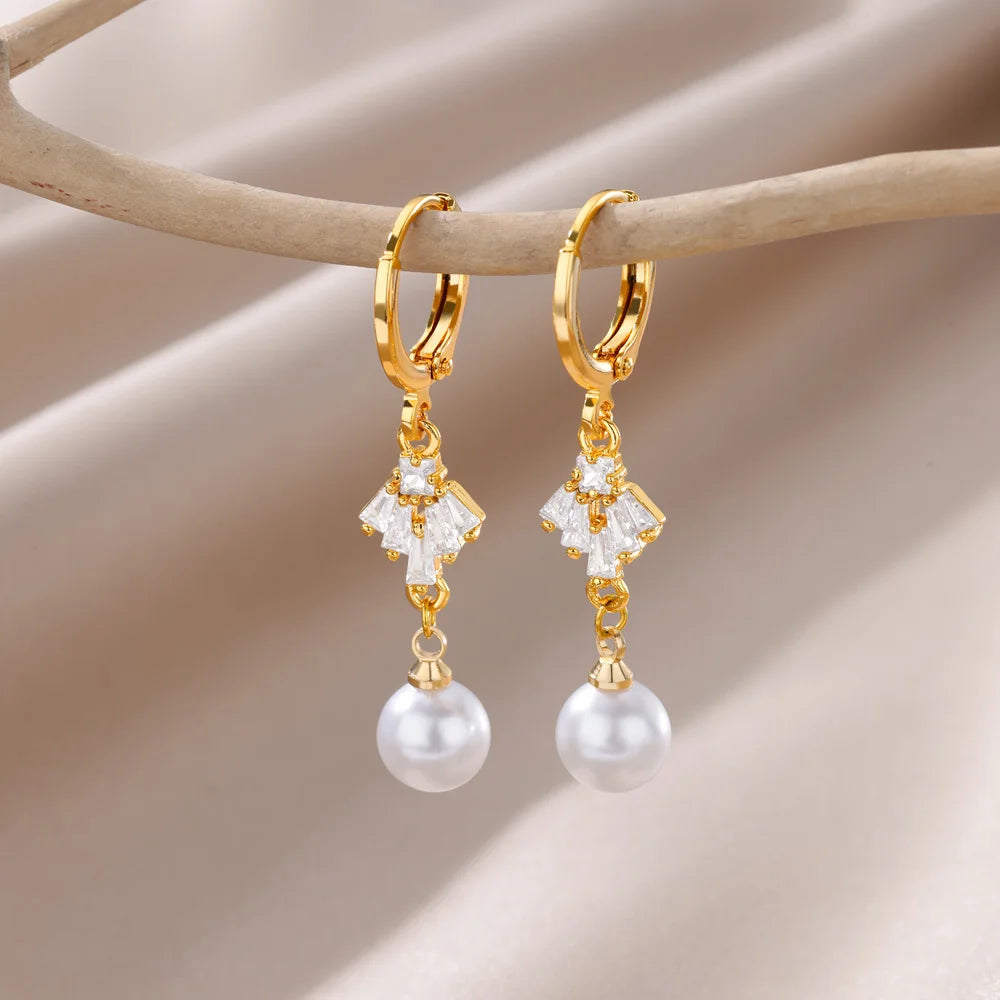Pendientes colgantes de perlas de imitación Fashion Circle para mujer, de color dorado, de acero inoxidable, redondos, geométricos, de aro, joyas para boda