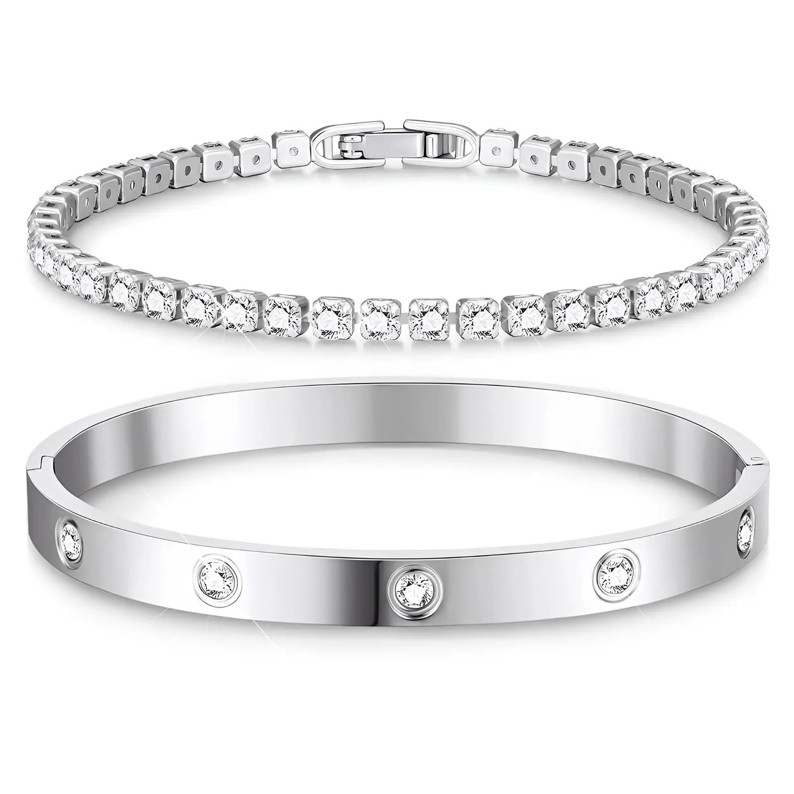 Yupsk 2 Pieces Stainless Steel Zirconia Tennis Bracelet Bangle Set Round Zircon CZ Aesthetic Women Jewelry Set Gift
