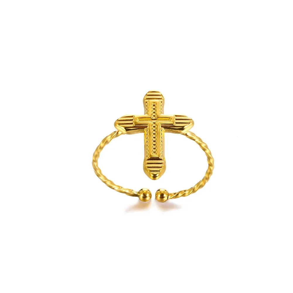Vintage Jesus Kreuzringe für Damen Herren Goldfarbe Edelstahl Jesus Kreuz Verstellbarer Ring Religiöser Party Schmuck Geschenk