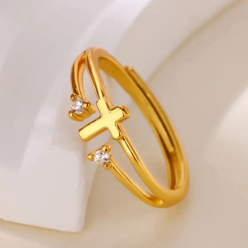 Zirkon Kreuzringe für Damen Goldfarbe Edelstahl Kristall Kreuz Verstellbarer Ring Religiöser Hochzeits-Weihnachtsschmuck Geschenk
