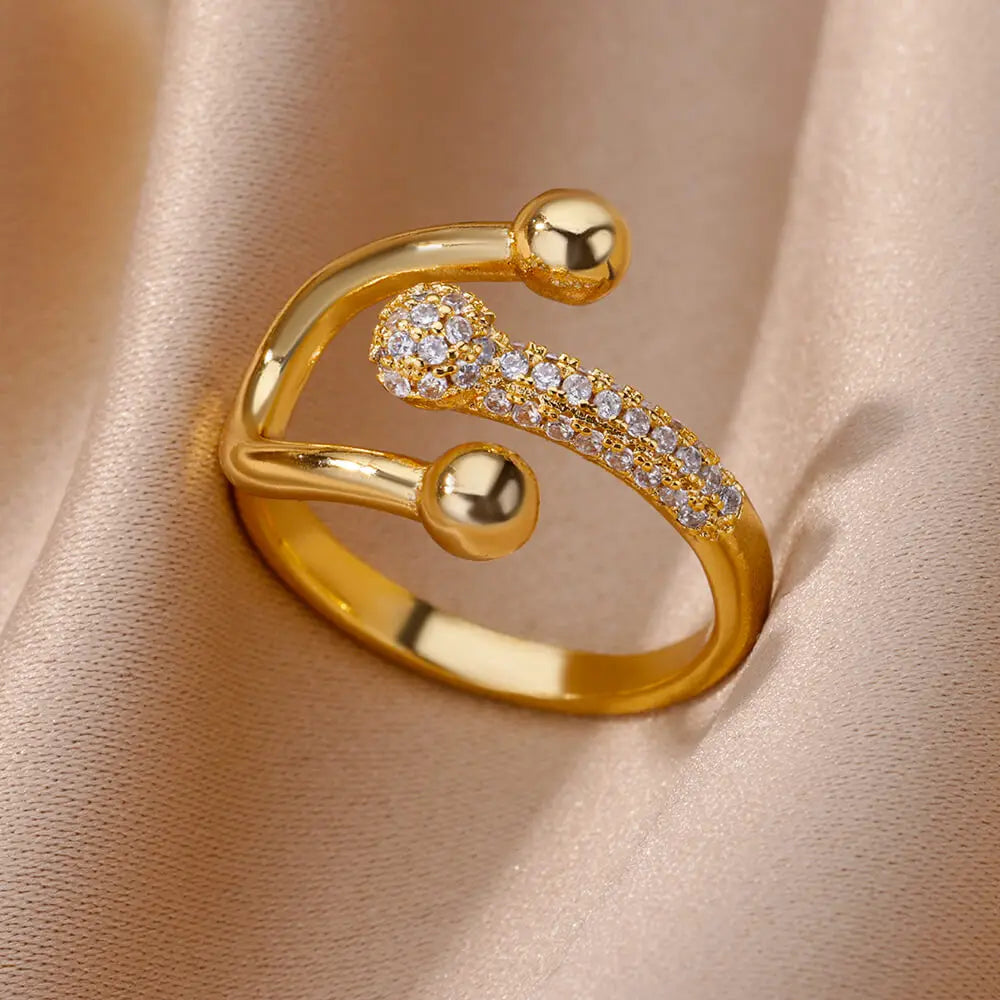 Zirkon-Ketten-Kreuzringe für Damen Vintage Goldfarbe Edelstahl Geometrischer offener Ring Mode Hochzeit Ästhetischer Schmuck Geschenk