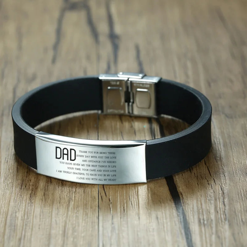 Vnox 16mm Vatertagsgeschenk Armband, schwarzes Kautschuk-Silikon-Armband mit personalisiertem „TO MY DAD“ Edelstahl-Bar, lässiges Armband für Herren