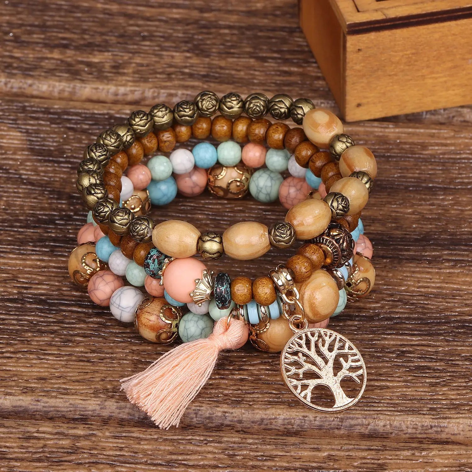 4 Stück Bohemia Lebensbaum Charm Perlenarmband Set für Damen Handgemachte Holzperlen Kette Armreif Weiblicher Boho Schmuck