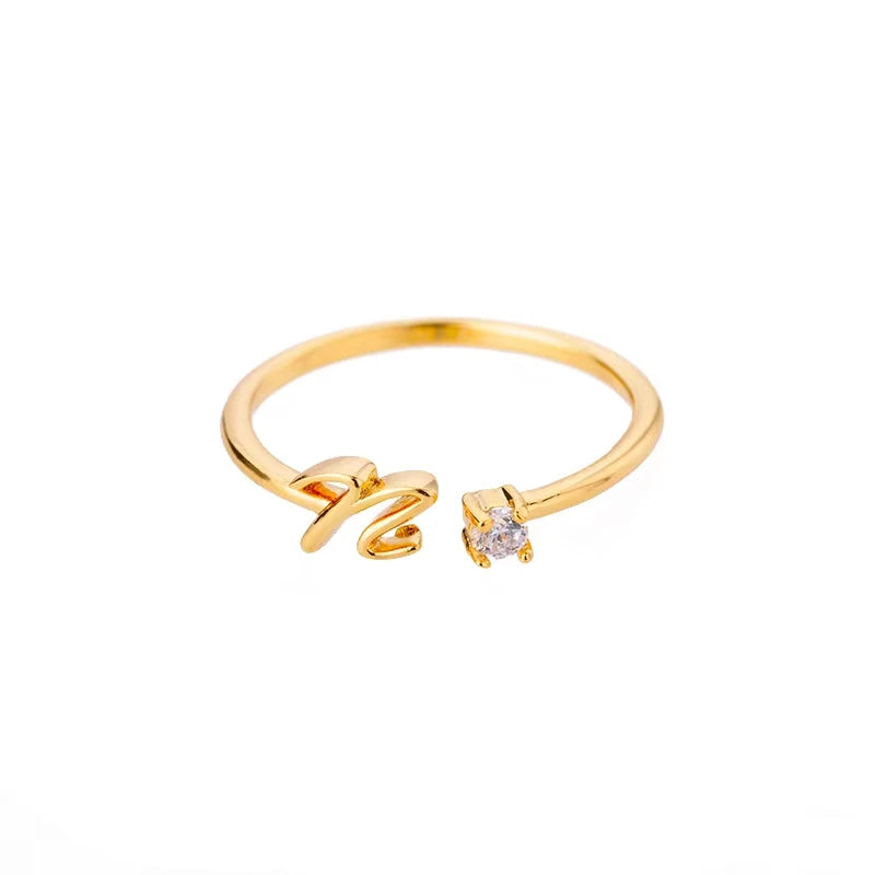 Zirkon-Anfangsbuchstabenring für Damen, Edelstahl, Goldfarben, Alphabet, offener Ring, trendiger Hochzeitstags-, Ästhetik-Schmuck