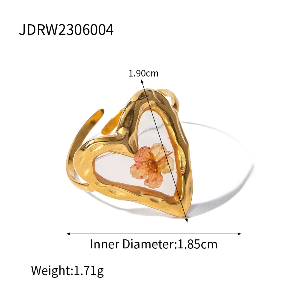 Light Cozy 18k Gold Plated Minimalist Polygonal Dry Flower Opening Ring Women Personalized Stainless Steel Statement Jewelry