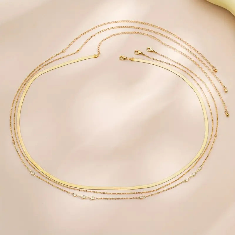 Juego de 3 cadenas de cristal bohemio para el vientre y la cintura para mujer, cadena de serpiente plana de color dorado estilo punk, joyería corporal de bikini, regalos 2024