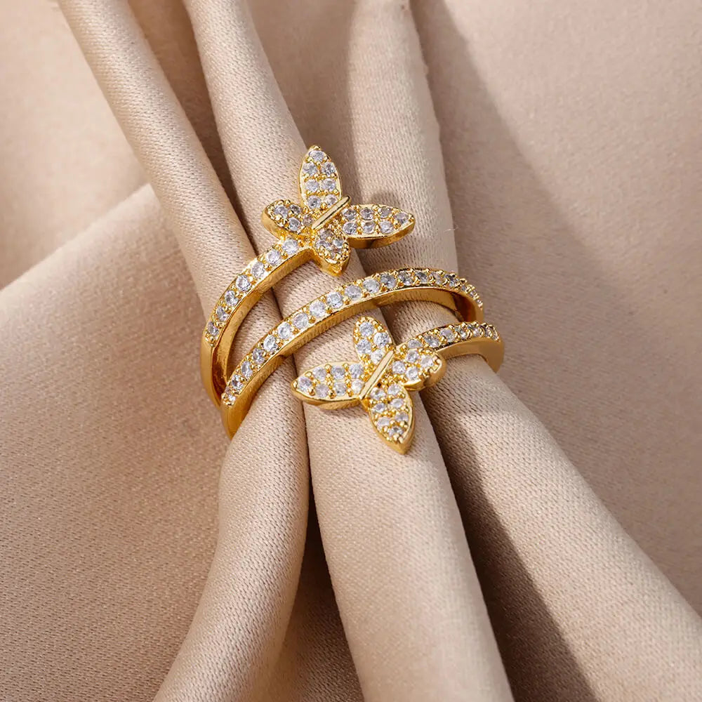 Zirkon-Doppelschmetterling-Ringe für Frauen, Edelstahl, goldfarben, offener mehrschichtiger Ring, Mode, Hochzeitsparty-Schmuck, Neu 2024