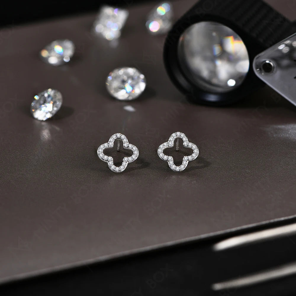 MINTYBOX Pendientes de Plata de Ley S925 con Moissanita y Diamantes para Mujer, Diseño de Trébol Chapado en Oro Blanco de 18 Quilates, Joyería Fina para Boda