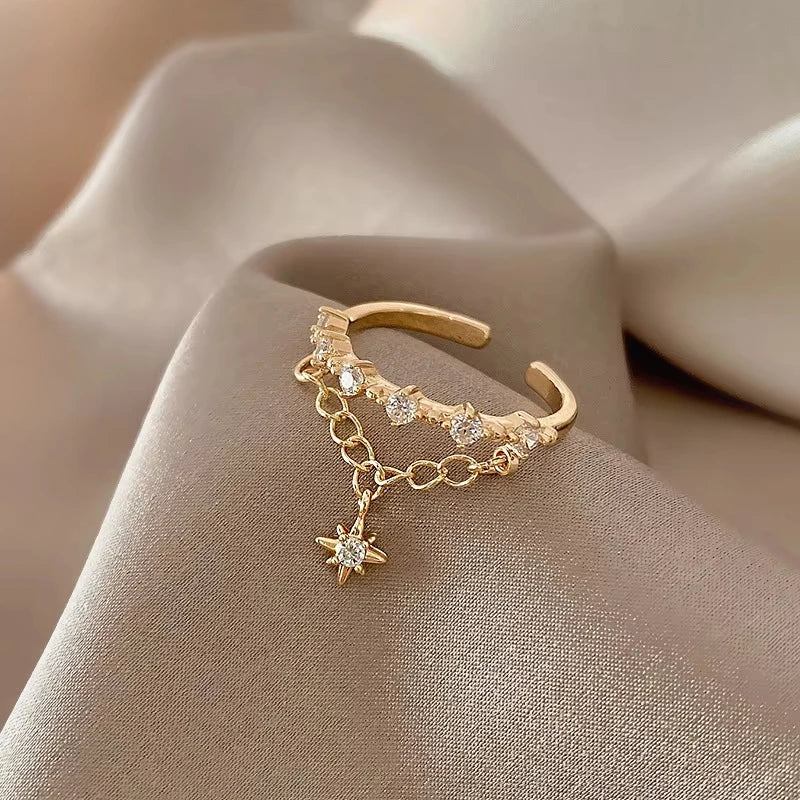 Glänzender Strass Goldfarben Kette Stern Anhänger Offene Ringe Koreanischer Stil Damen Mode Schmuck Hochzeit Party Mädchen Trendiger Ring