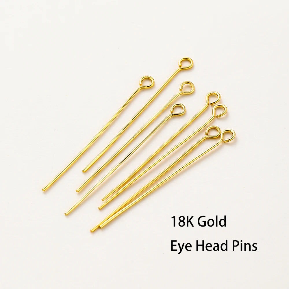 100 unidades/lote de 16-50 mm chapados en oro de 14K y 18K, alfileres de cabeza redonda para hacer joyas, accesorios de latón, metal, alfileres de cabeza plana y de ojal