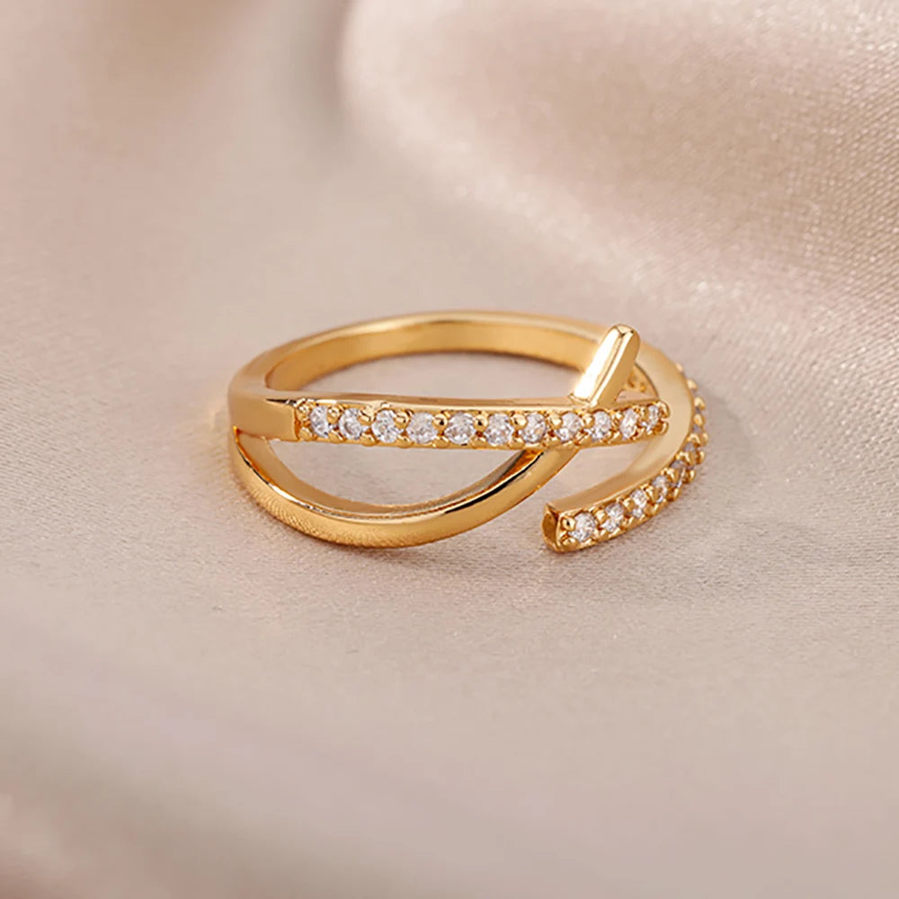 Zirkon-Ketten-Kreuzringe für Damen Vintage Goldfarbe Edelstahl Geometrischer offener Ring Mode Hochzeit Ästhetischer Schmuck Geschenk