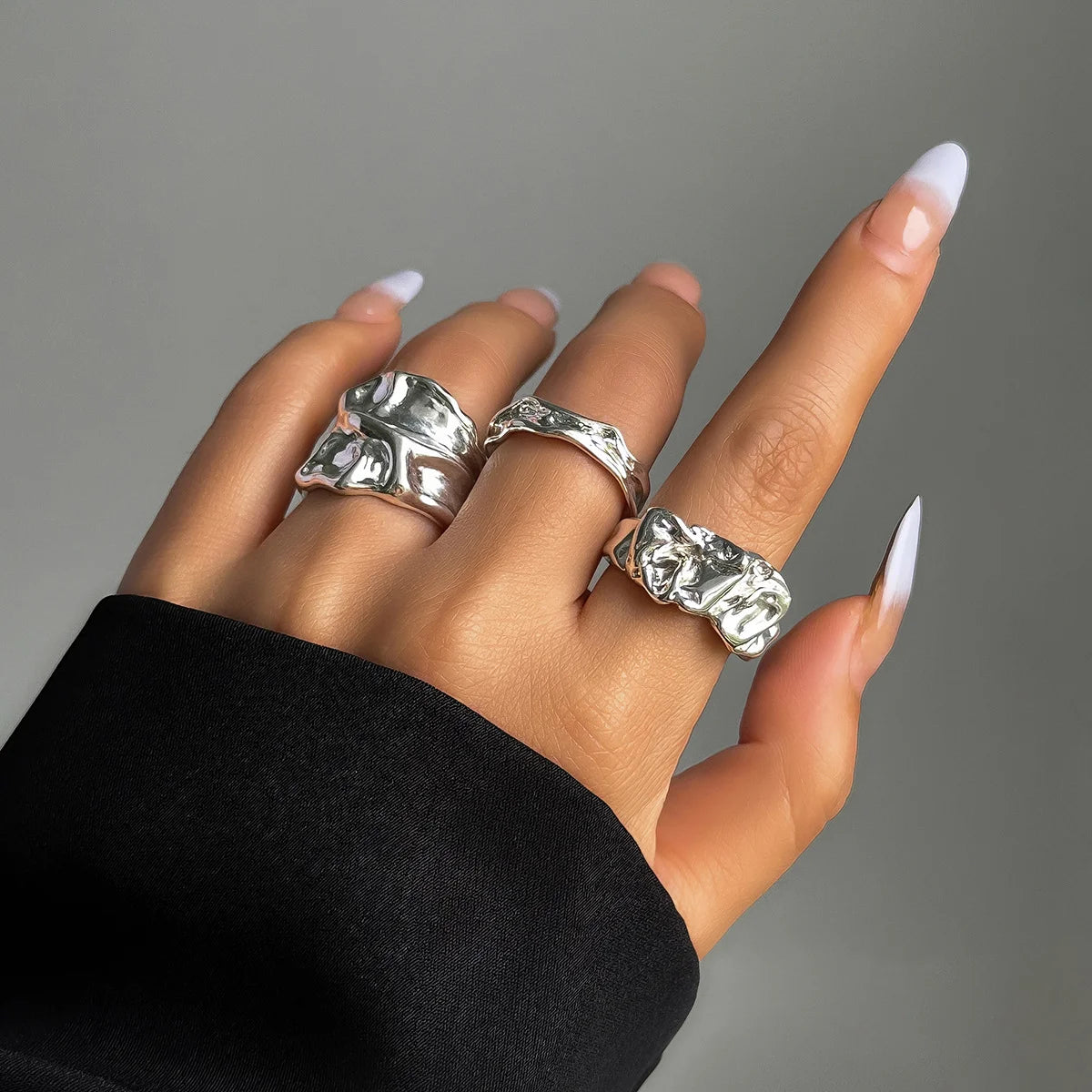 3 Stück Punk Chunky Irreguläre Ringe Set für Damen Kreative Geometrische Verstellbare Offene Fingerringe Mode Statement Schmuck Mädchen