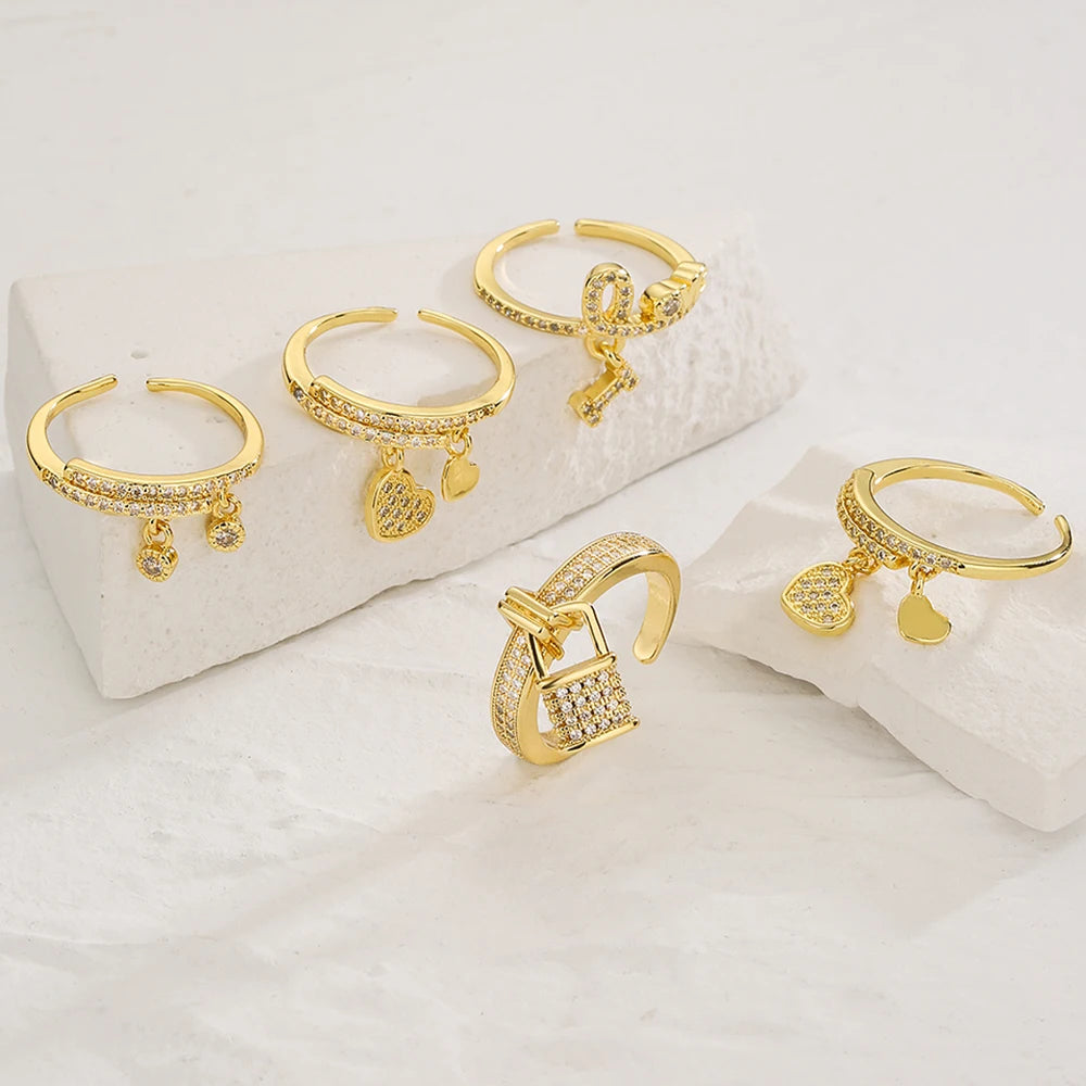 NEWBUY Einzigartiges Design Herzschloss Liebes-Offenringe Für Frauen Mädchen Goldfarbe Hochwertiger Verlobungsschmuck Femme Bijoux