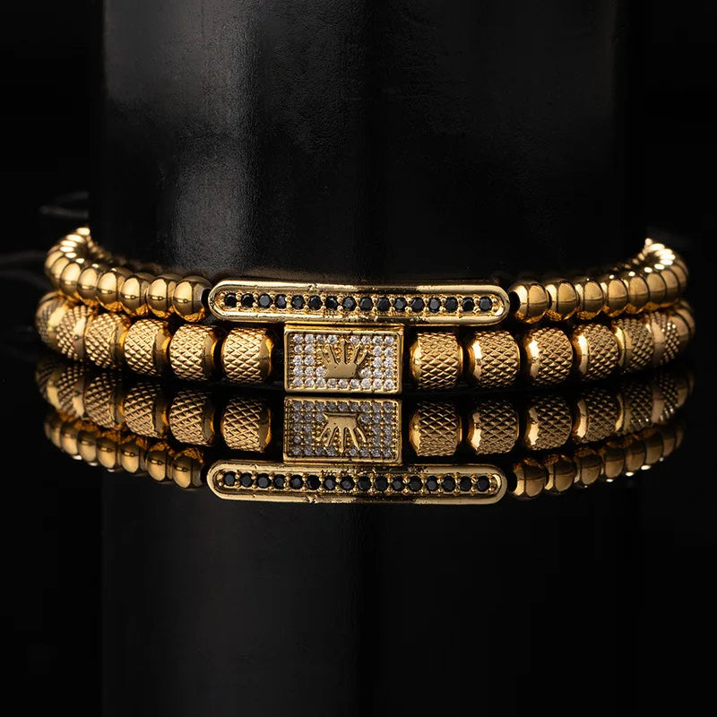1 Set Edelstahl Armband Ananas Perle Krone mit Zirkon Weberei Verstellbares Armband Set Trendige Mode-Accessoires