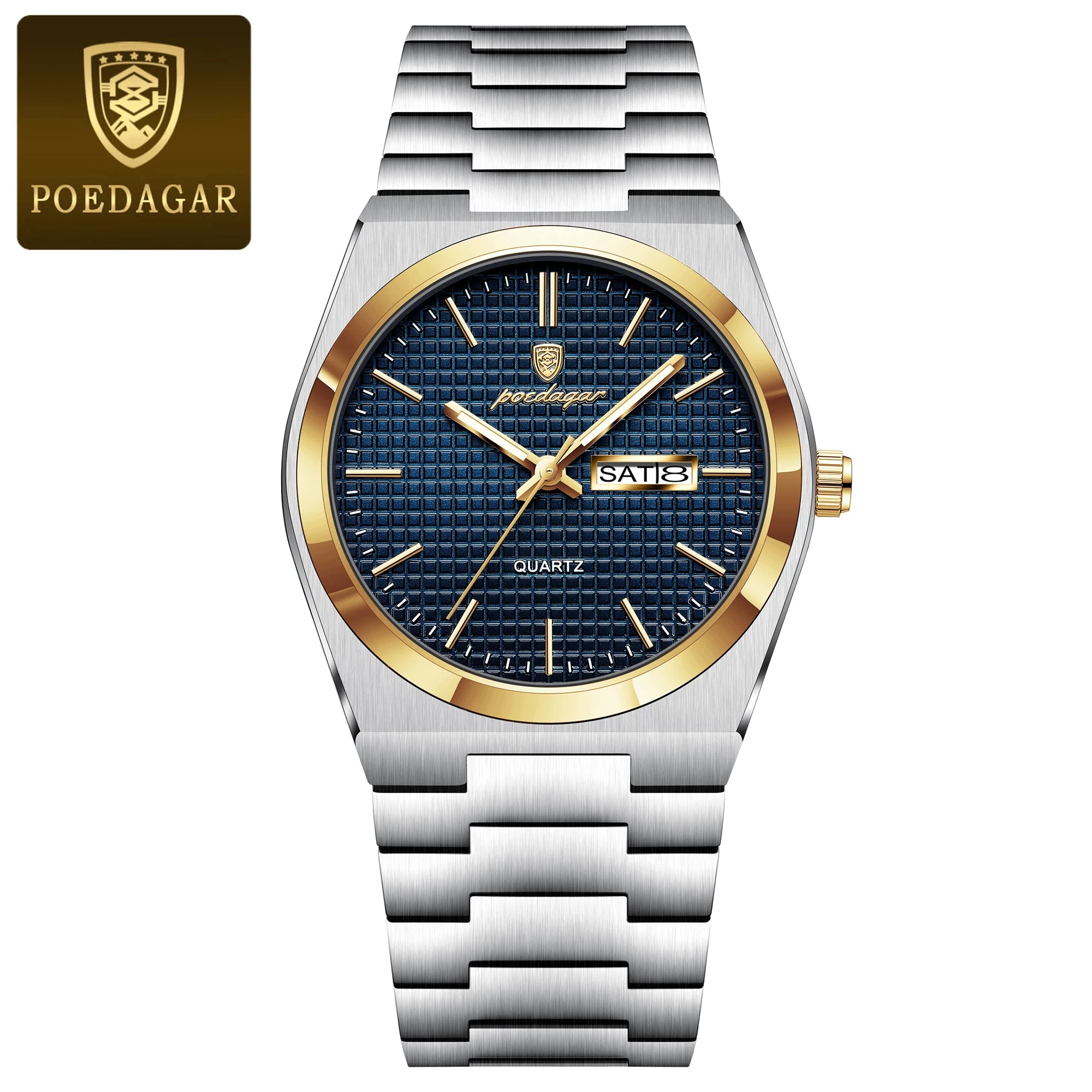 POEDAGAR Reloj de Hombre de Negocios de Acero Inoxidable Impermeable Luminoso con Fecha y Semana Reloj de Pulsera de Cuarzo de Moda Casual para Hombres