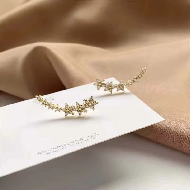 Mode Silberfarbe Zirkon Blume Stern Ohrstecker für Frauen Einfache Metall Piercing Kletter Ohrringe Schmuck Zubehör