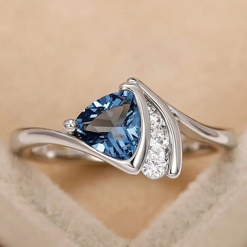Anillos de plata de ley 925 con circonitas cúbicas azules y diseño de triángulo, para mujer, anillos de compromiso, anillos de boda, joyería de moda