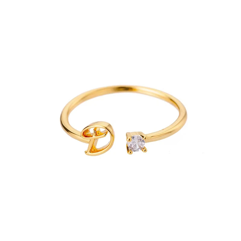 Zirkon-Anfangsbuchstabenring für Damen, Edelstahl, Goldfarben, Alphabet, offener Ring, trendiger Hochzeitstags-, Ästhetik-Schmuck