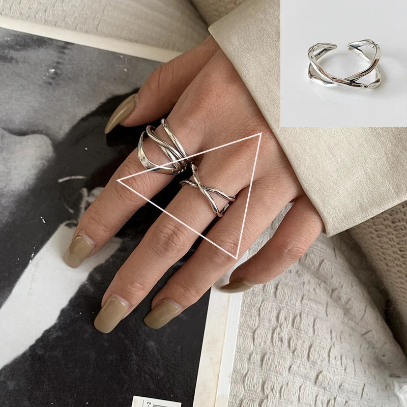 VENTFILLE 925 Sterling Silver Rings INS Fashion Hip Hop Vintage Couples Hollow Lines Punk Thai Silver Party Adjustable  Jewelry