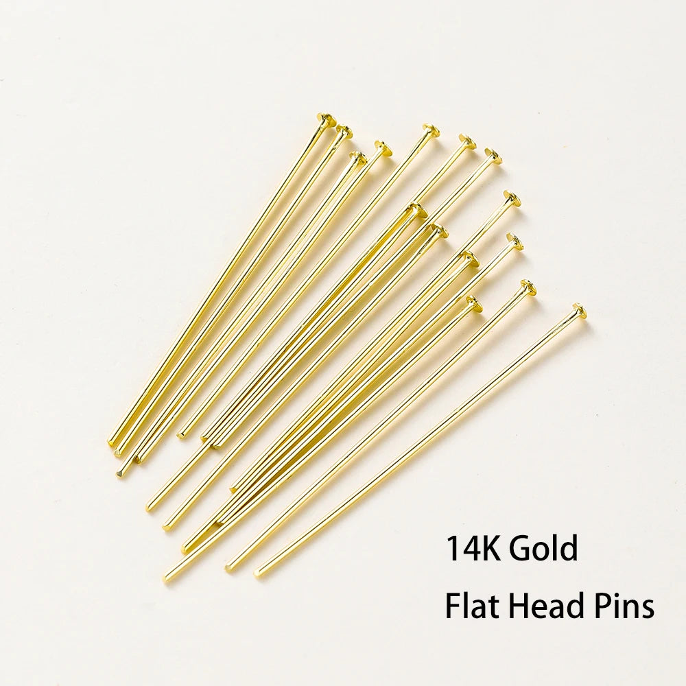 100 unidades/lote de 16-50 mm chapados en oro de 14K y 18K, alfileres de cabeza redonda para hacer joyas, accesorios de latón, metal, alfileres de cabeza plana y de ojal