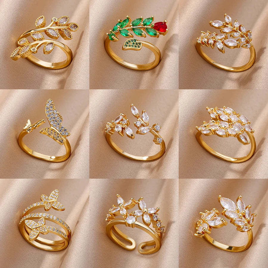 Luxuriöse Rosenblüten-Zirkon-Ringe für Frauen, goldfarben, Edelstahl, modischer Schmetterlingsring 2023, ästhetischer Hochzeitsschmuck, Geschenk