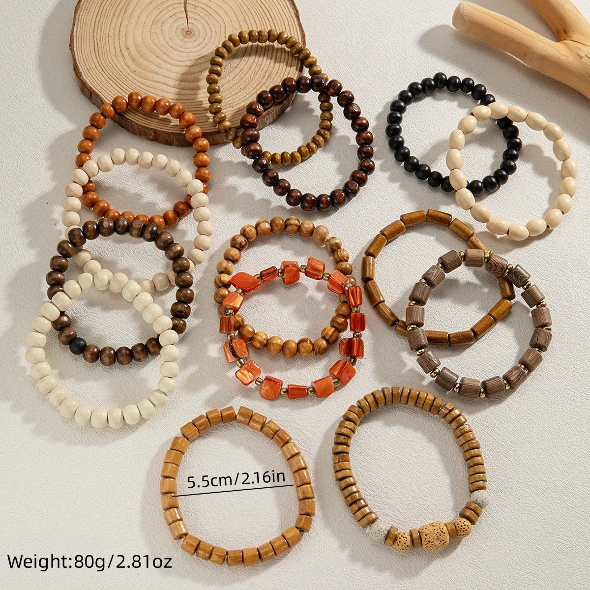14 piece Bohemian style colorful wooden bead multi-layer layered neutral bracelet set suitable for gift giving