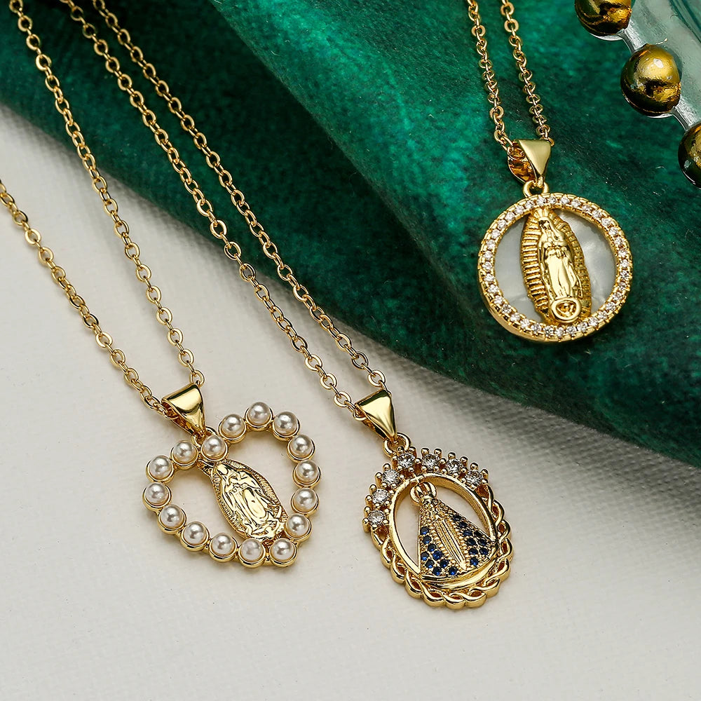 NEWBUY High Quality Women's Religious Jewelry Copper CZ Zircon Inlay Virgin Mary Pendant Stainless Steel Chain Necklace