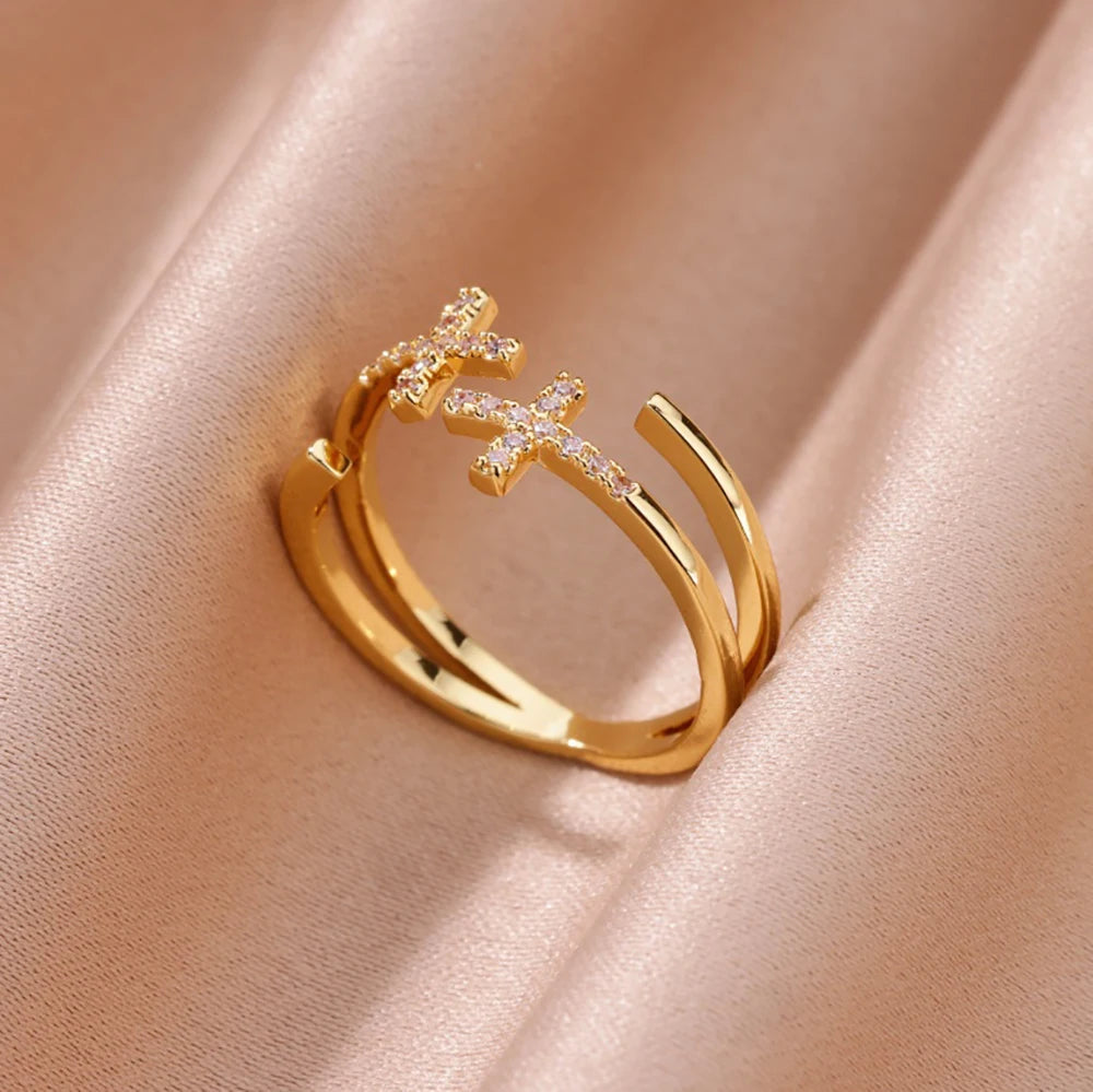 Zirkon-Ketten-Kreuzringe für Damen Vintage Goldfarbe Edelstahl Geometrischer offener Ring Mode Hochzeit Ästhetischer Schmuck Geschenk