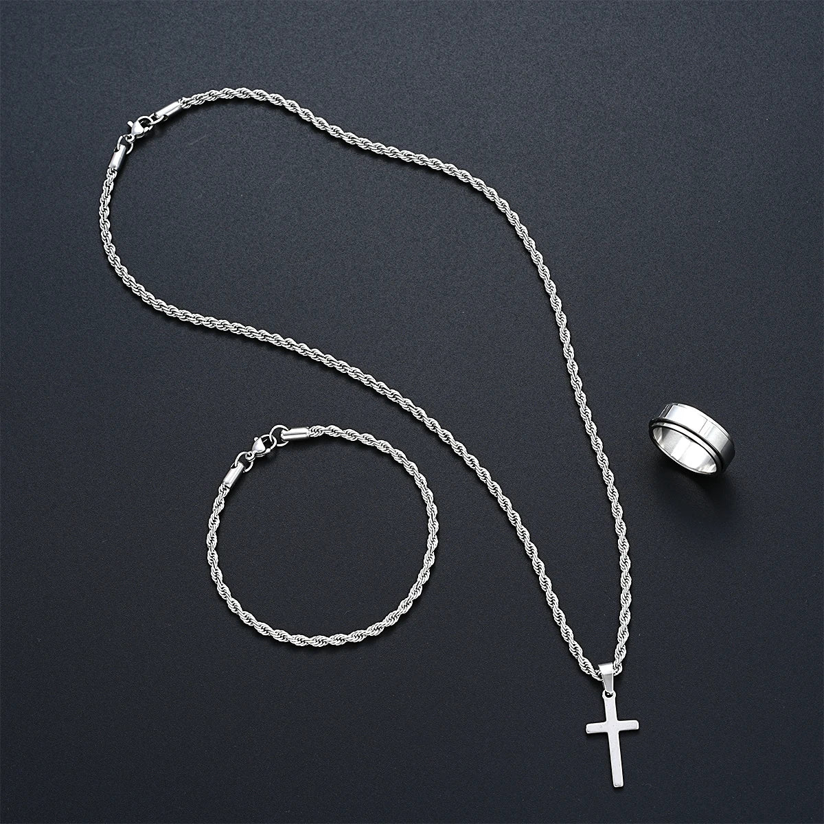 Edelstahl Schmuckset für Herren Damen, Mode Silber Farbe Kreuz Anhänger, gedrehte Seilkette, Armbänder, Ring, Geschenke