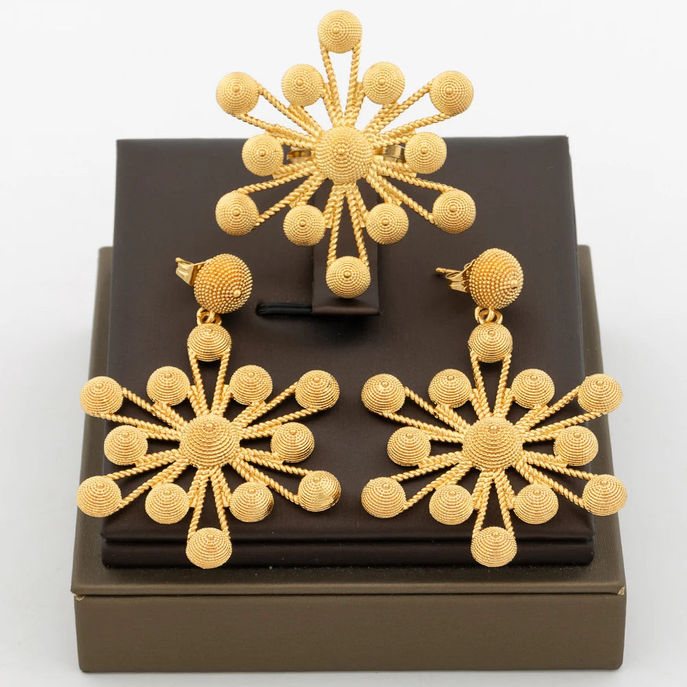 Afrikanisches Blumenmuster Ohrringe und Ring Schmuckset 18 Karat vergoldete Clip-Ohrringe und Fingerring Böhmisches Design Schmuckset