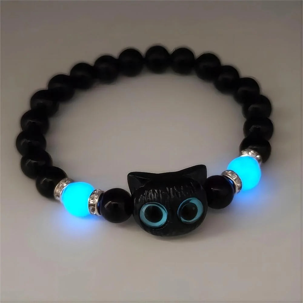 1 Paar passende Armbänder Pärchen Damen Herren Leuchtende süße Katze Freundschaftsarmband Schwarz-Weißer Katzenkopf Perlenstrang Armband