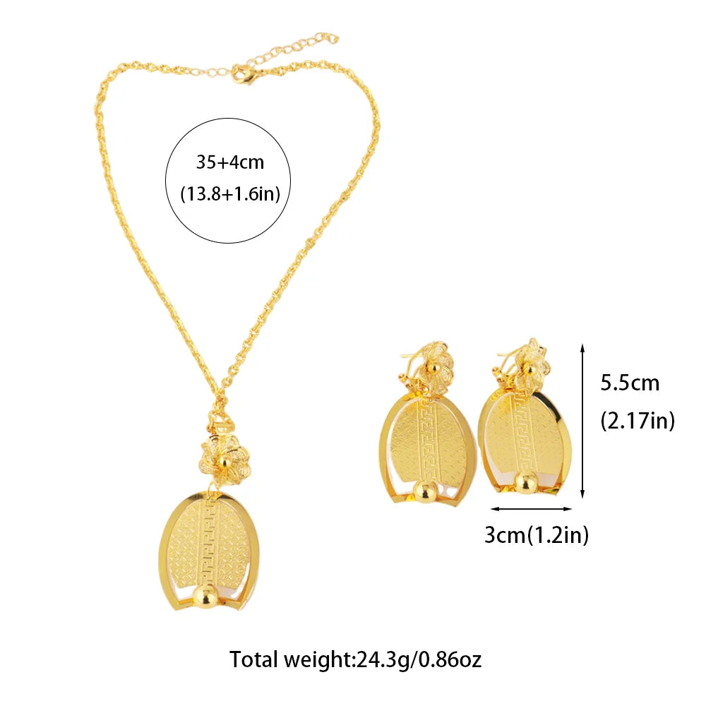 Afrikanisches Goldfarbenes Damen-Halsketten- und Ohrringe-Set im Trend Dubai Blumen-Hohl-Schmuckset Geschenk für Party, Hochzeit, Alltag