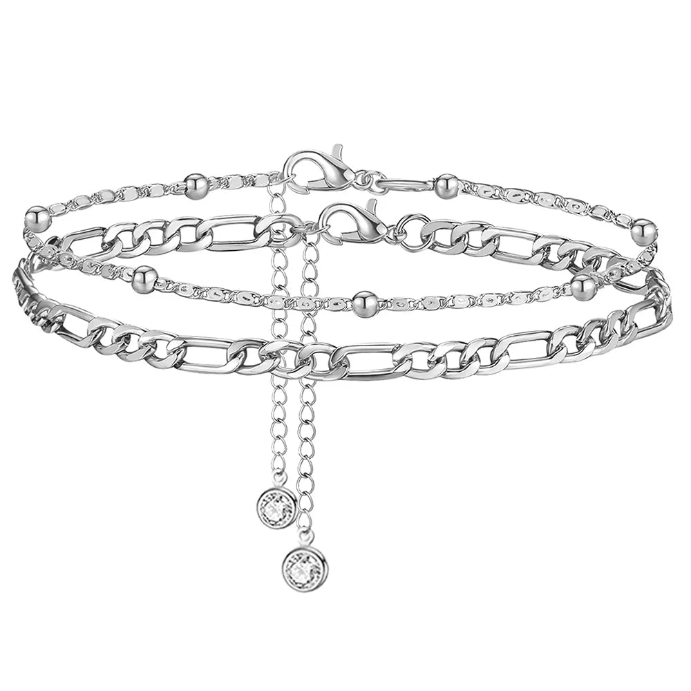 2er-Set Damen-Fußkettchen aus Edelstahl, silberfarbenes Fußarmband, kubanische Gliederkette für Bein, Fuß, Damen, Sommer, Strandschmuck