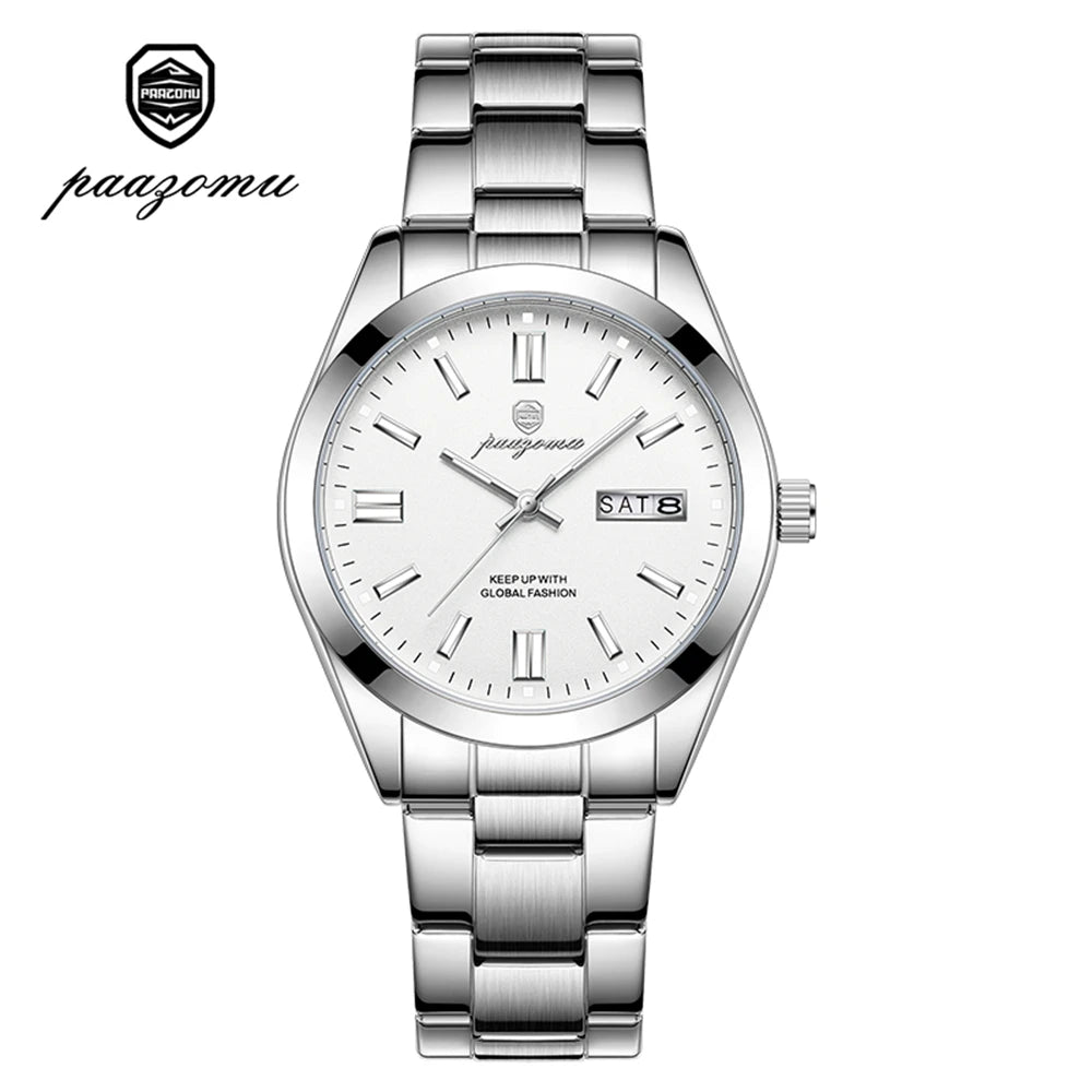 PAAZOMU Reloj de Pulsera para Hombre de Lujo, Resistente al Agua, de Acero Inoxidable, con Fecha Luminosa, Semana, Moda, Negocios, Cuarzo, Relojes de Hombre