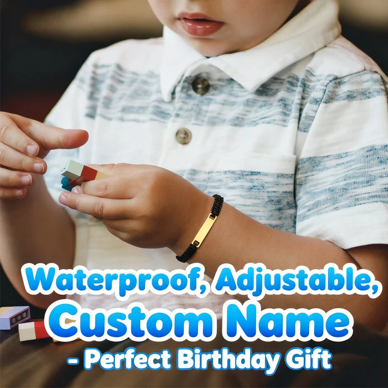 Personalisiertes Namensarmband für Mädchen Jungen Kind, Verstellbares geflochtenes Seilarmband mit individuellem ID-Tag, Graviertes Geburtstags-Weihnachtsgeschenk