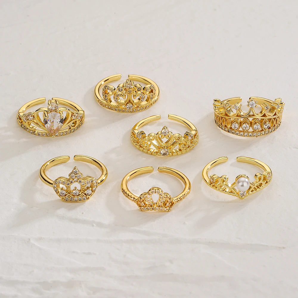NEWBUY 2025 Trendige goldfarbene Kronen-Anhänger-Fingerringe, offenes Design, verstellbar, glänzende Zirkonia-Hochzeits-Schmuck für Damen