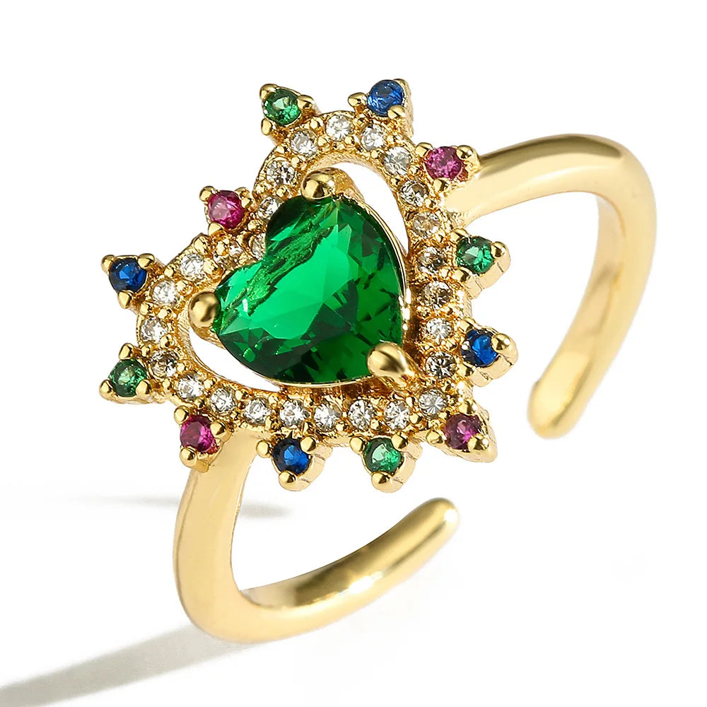 NEWBUY Fashion Bunte Zirkonia Pavé-Fassung Hochzeitsschmuck 2024 Trendiger Goldfarbener Herzanhänger Fingerring für Damen