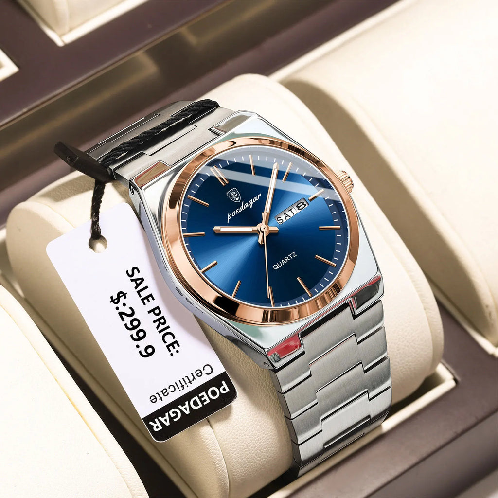 POEDAGAR Relojes de lujo para hombre, impermeables, luminosos, fecha, semana, reloj de hombre, acero inoxidable, informal, moda, reloj de cuarzo para hombre, Reloj