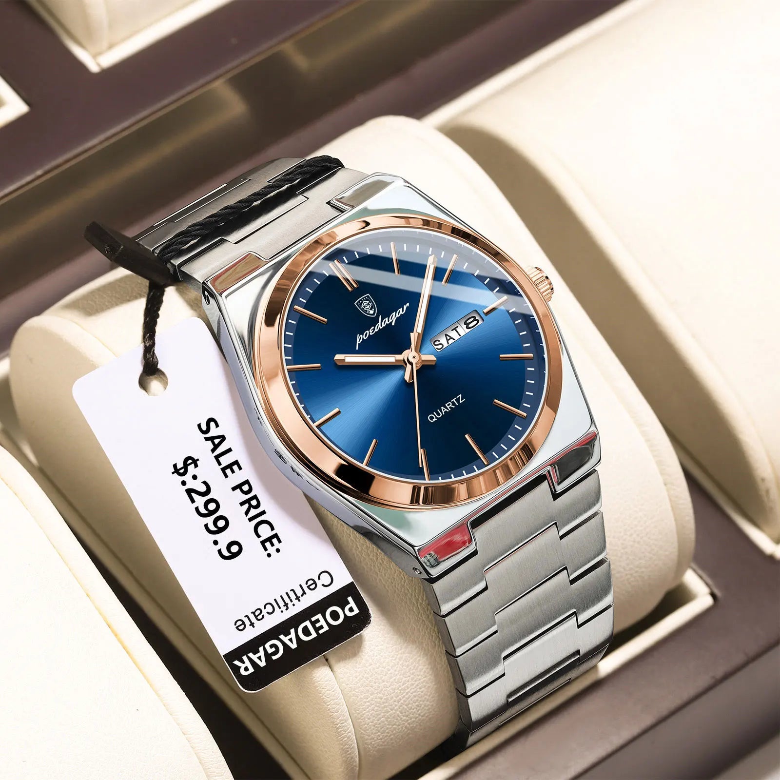 POEDAGAR Reloj de Pulsera de Cuarzo Deportivo de Lujo para Hombre, Impermeable, Luminoso, Fecha, Semana, Relojes para Hombres, Acero Inoxidable, Reloj de Hombre Masculino + caja