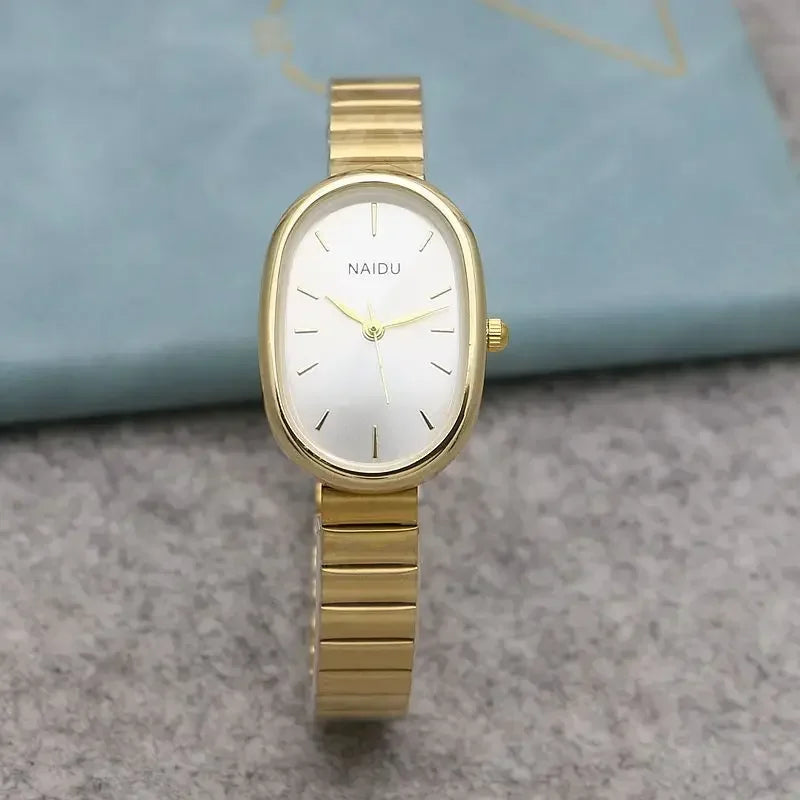 Reloj de cuarzo para mujer con esfera ovalada pequeña, correa de bambú de acero inoxidable, para niña, estudiante, ocio, moda, lujo, regalo, venta al por mayor