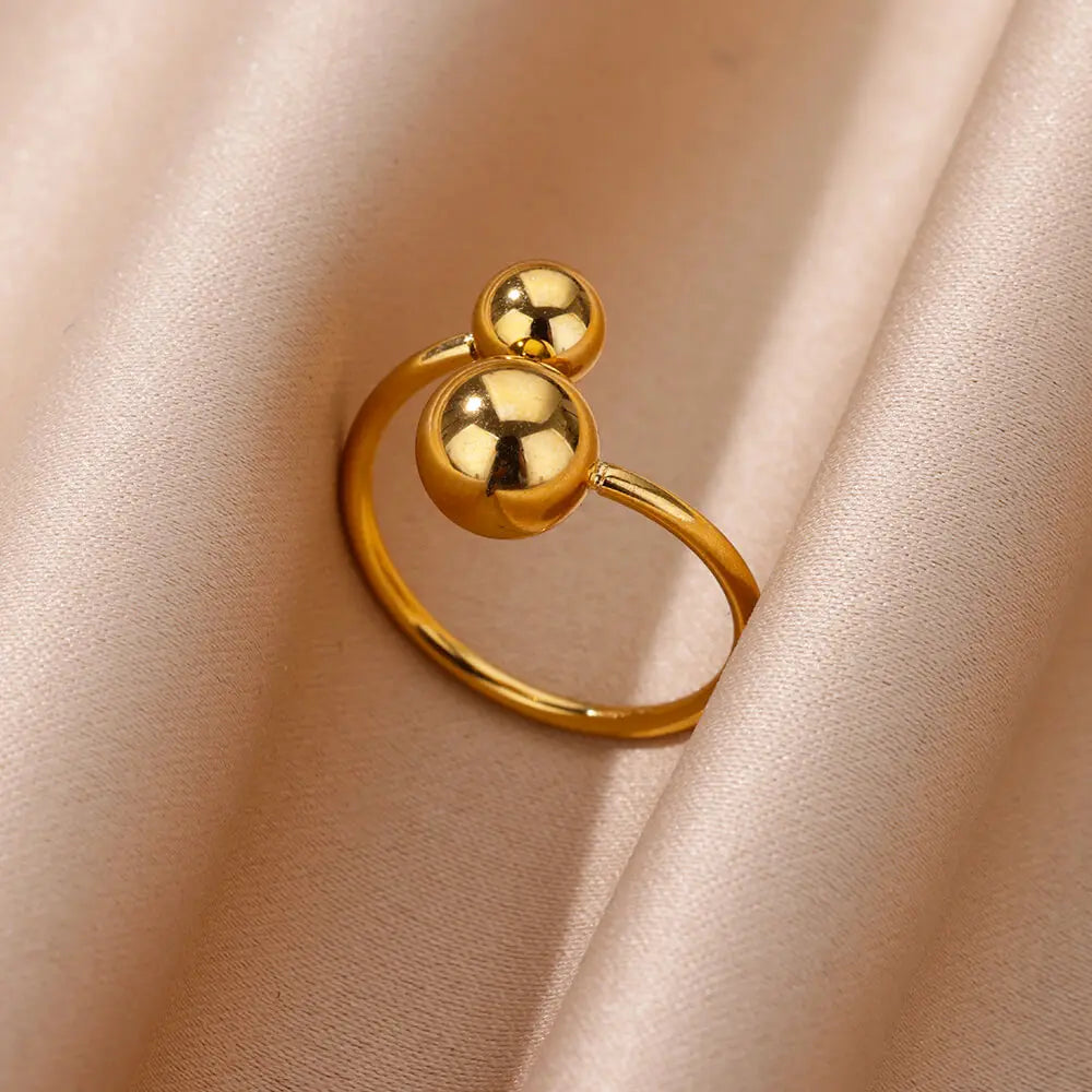 Edelstahl glatt doppelte Kugelperlenringe für Frauen Vintage Opal Natursteinring Mode Goldfarbe Ästhetischer Schmuck