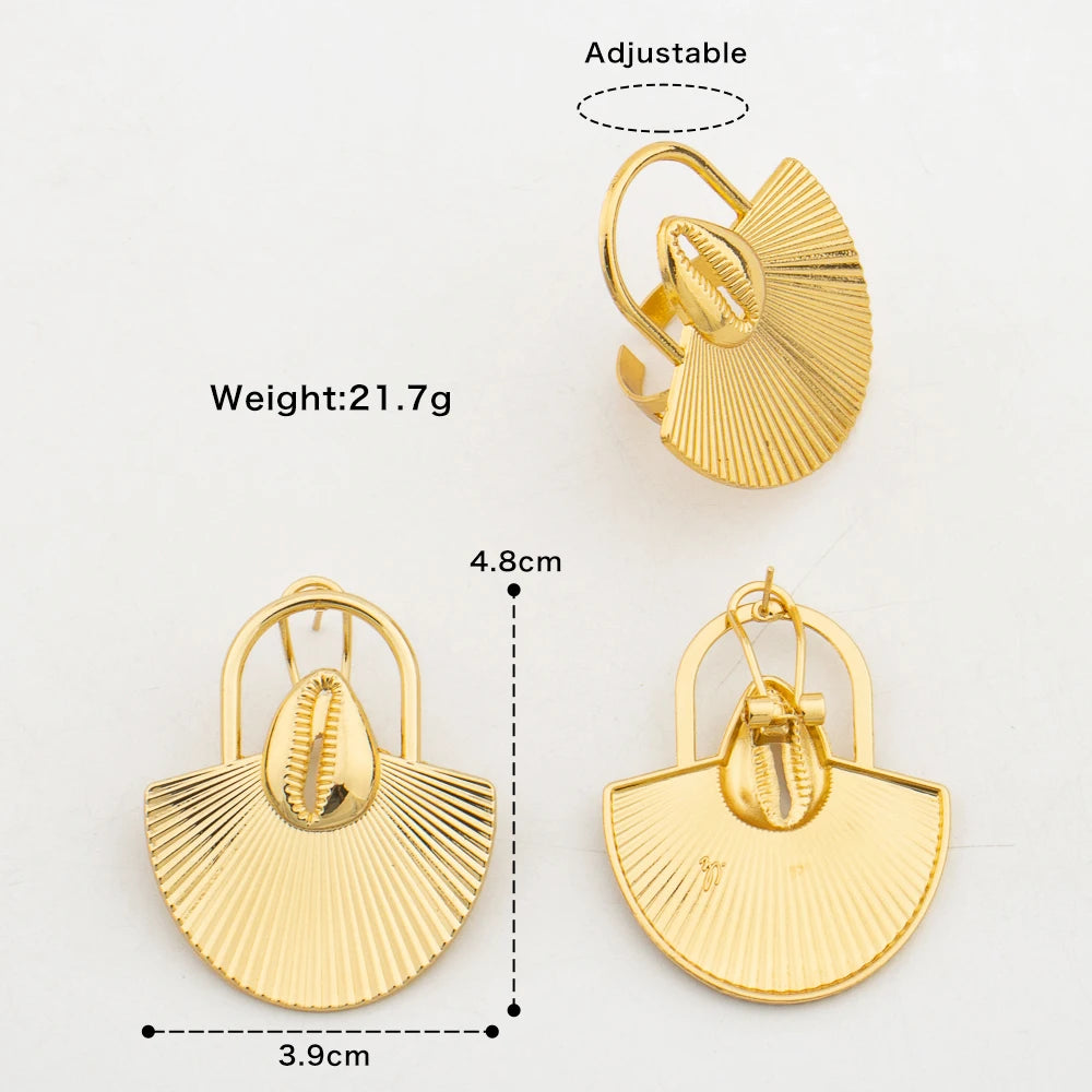 Brazilianische goldfarbene Ohrringe mit Ring Schmuckset für Partys, hohles Design, große Ohrringe, Fingerring, 2-teiliges Set für Verlobung