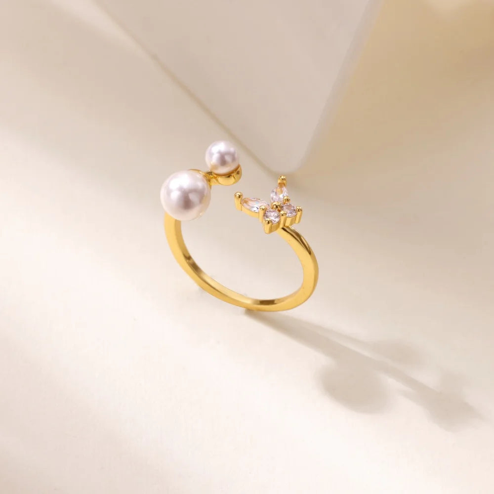Zirkon Schmetterling Imitation Perle Ring für Frauen Edelstahl Goldfarbe Ring 2025 Neue Mode Hochzeit Paar Schmuck Geschenke