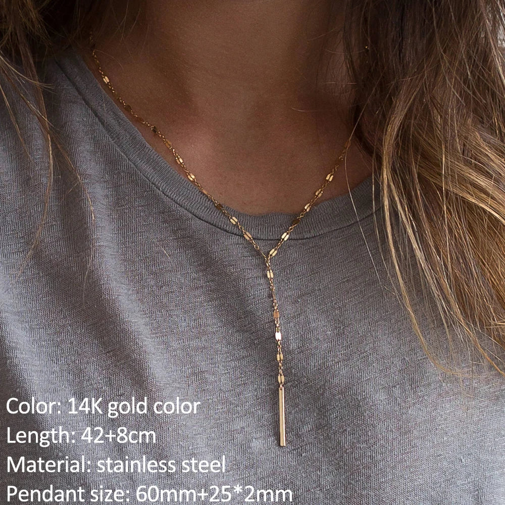 SUNIBI Vertical Bar Pendant Necklaces Stainless Steel Simple Long Lariat Chain Minimalist Dangle Necklace for Women Jewelry Gift